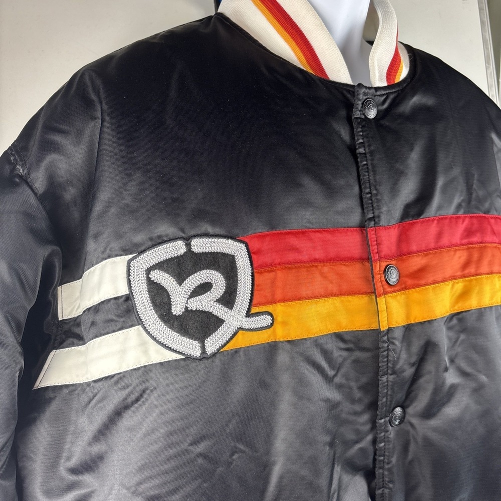 ROCA WEAR Satin Bomber Jacket Mens 2X Vintage Y2K Hip Hop 90s Bold Stripe Logo